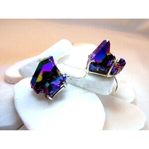 Genuine Rainbow Titanium Aura Quartz Crystal Sterling Silver Earrings Handmade